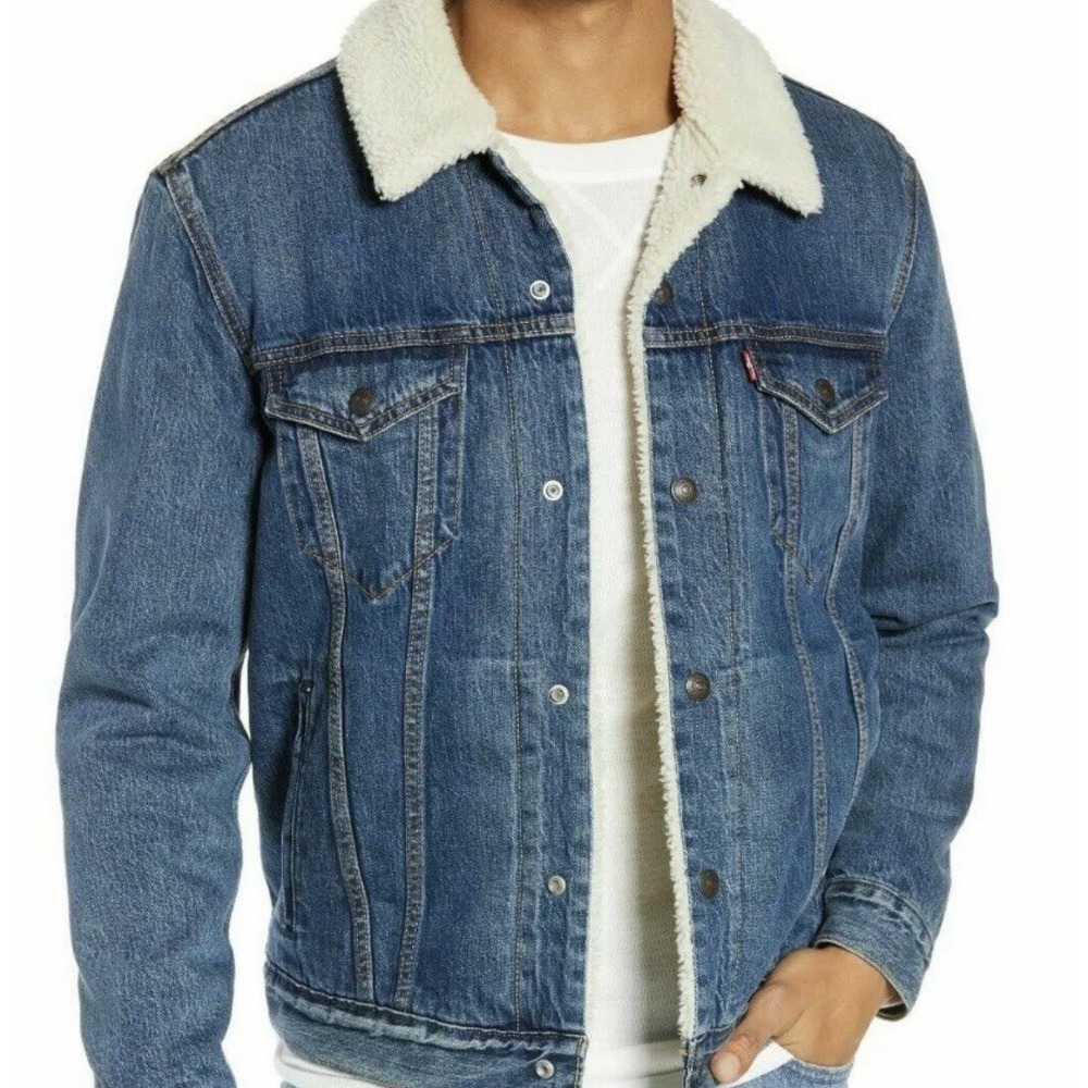 Levis Sherpa Lined Denim Trucker Jacket Mens S Blue Jean Winter Coat Retro NWT